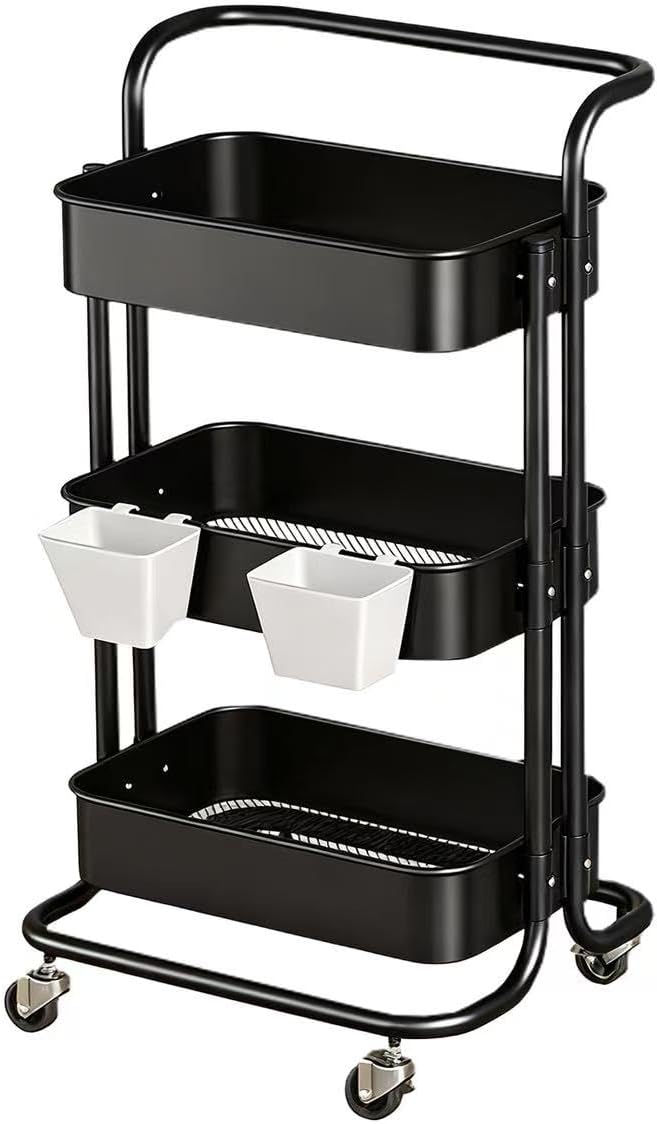 Mobile 3-Tier Mesh Utility Trolley with Handle and Lockable Wheels Rolling Metal Organiser Cart Multi-Purpose Storage Rack for Kitchen, Living Room or Office Black, Full Carbon Steel Construction