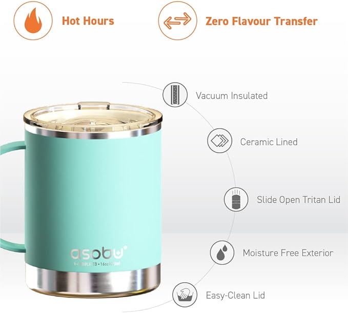 asobu Ultimate Stainless Steel Ceramic Inner Coating Coffee Mug with Double Walled Copper Lining Insulation,12 Ounces - Valentin's Day Gift (Mint Green)
