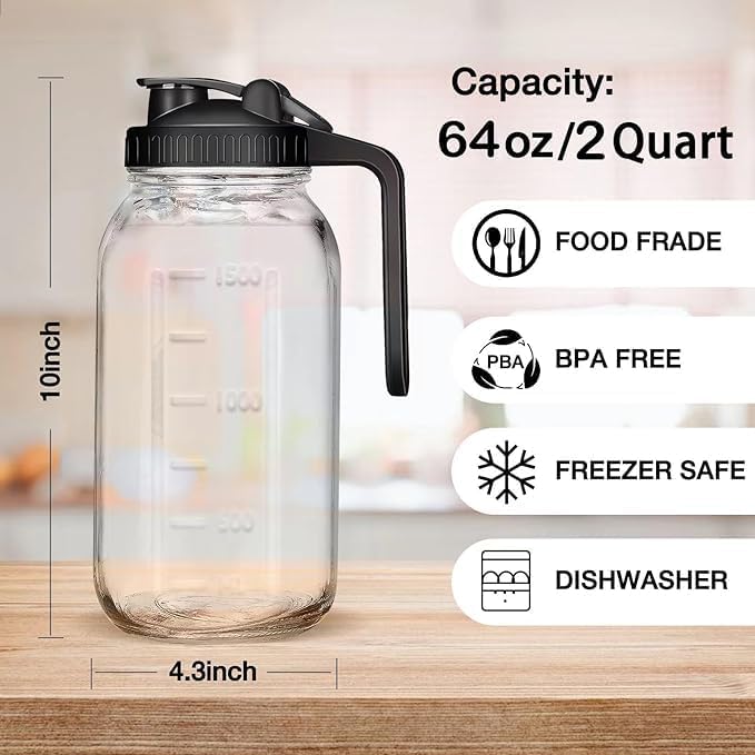 Glass Pitcher - 64 OZ Mason Jar Glass Jug Breast milk Containers, Wide Mouth，Airtight & Leakproof Pitcher with Pour Spout Lids for Water, Juice, Milk, Tea, Iced Coffee