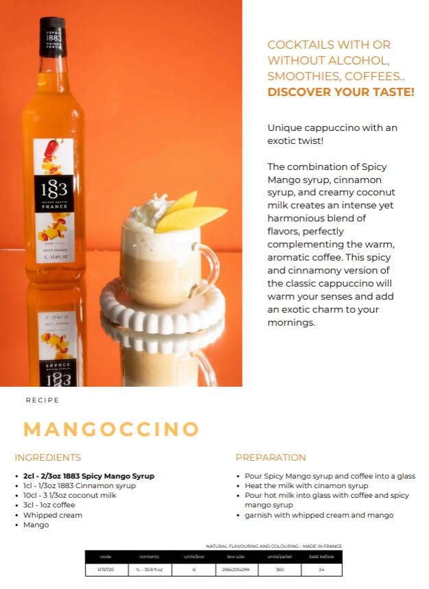 1883 Spicy Mango Syrup for Drinks, Made in France, 1 Liter Glass Bottle