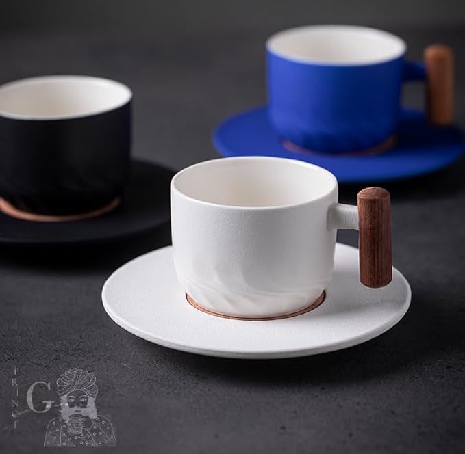 PRINCE G Japanese Style Ceramic Mug 130 ml with Matching Saucer – Handmade Minimalist Espresso, Coffee, Tea & Matcha Cup, Ideal Gift Set with Handgrip (BLUE)