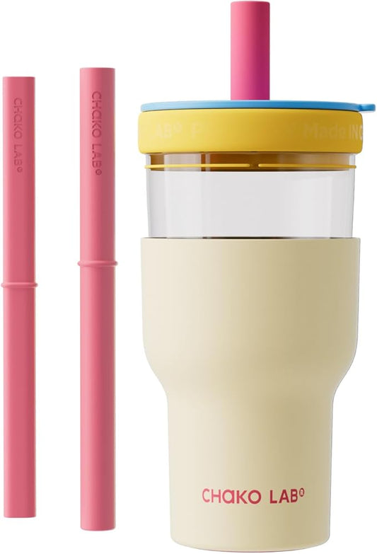 CHAKO LAB Insulated Stainless Steel Water Bottle | Dual-layer tumbler with Glass Linner and Stainsteel Linner | BPA-Free Leak Proof Thermos | 20oz Bottle with Two Straw | White & Blue