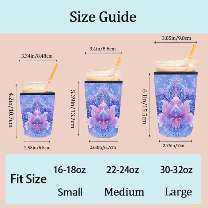 Boho Lotus Flower Iced Coffee Sleeve Set of 3 Reusable Neoprene Cup Holder for Cold Drinks Fits 16oz 24oz 30oz Cups Aesthetic Insulated Cup Sleeve