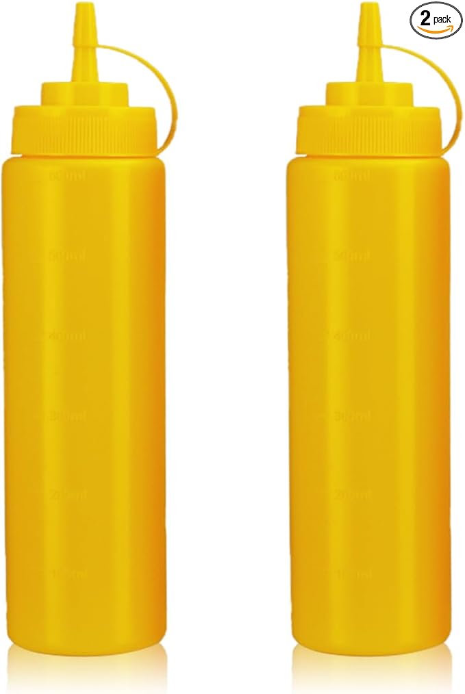 Squeeze Bottles for Sauces,Leak-Proof Condiment Dispenser, BPA-Free Kitchen Restaurant Squeeze Bottle Set with Wide Mouth for Ketchup, Mustard,Syrup,Dressings (Yellow, 2Pack-24oz(600ml))