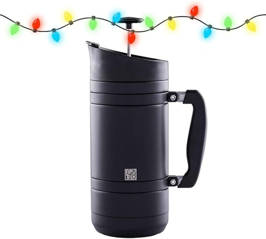 BruTrek BaseCamp Coffee Press - Double Wall Insulated Stainless Steel - Bru-Stop Technology, No Grounds in Coffee, No Spill Lid (Obsidian, 48 fl.oz)
