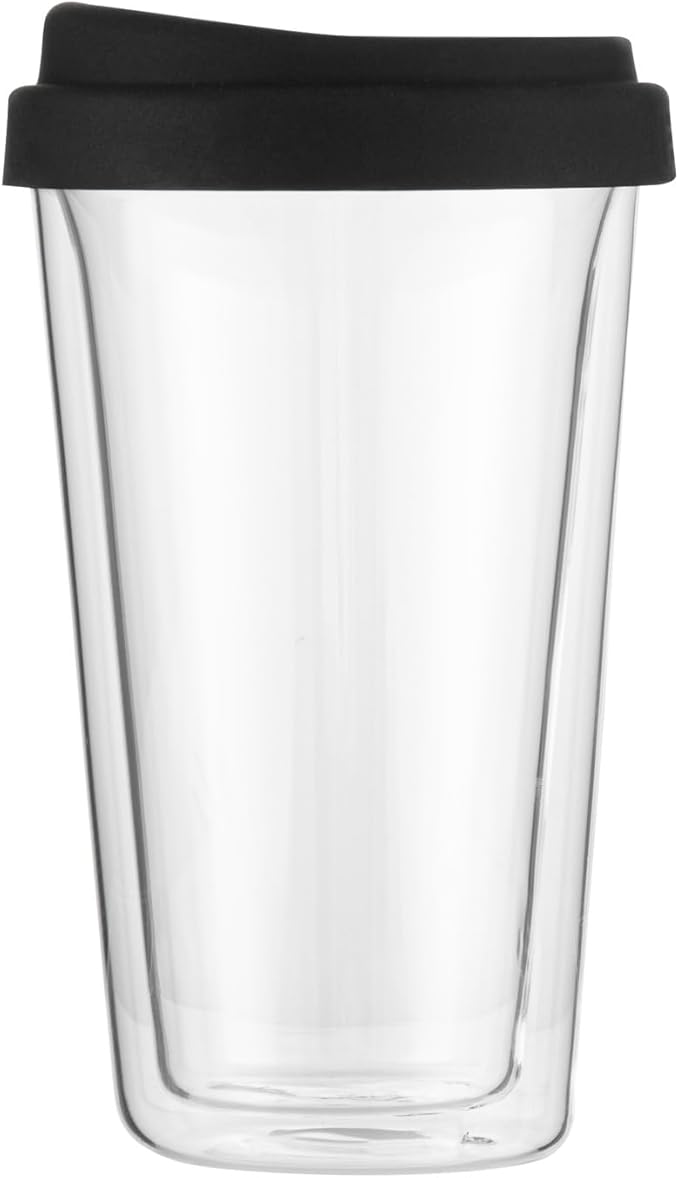 Restaurantware Glass Travel Mug 1 Count 14 Ounce Double Wall Borosilicate Reusable Coffee Cup, Spill-Resistant Black Silicone Lid, Clear Drinkware Mug for Hot and Cold Beverages