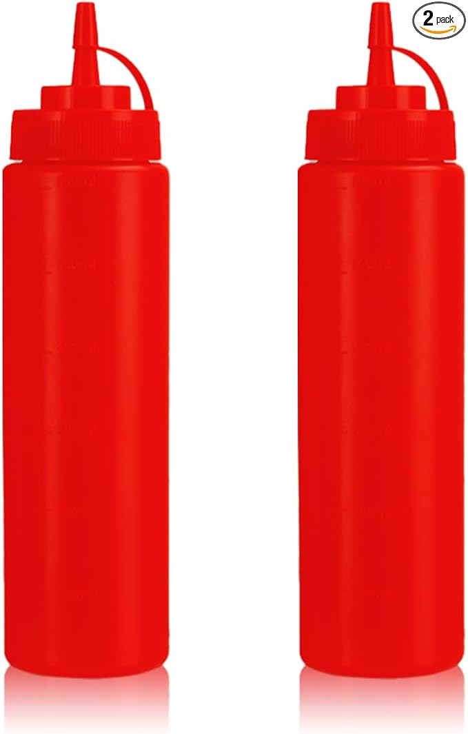 Squeeze Bottles for Sauces,Leak-Proof Condiment Dispenser, BPA-Free Kitchen Restaurant Squeeze Bottle Set with Wide Mouth for Ketchup, Mustard,Syrup,Dressings (Red, 2Pack-24oz(600ml))