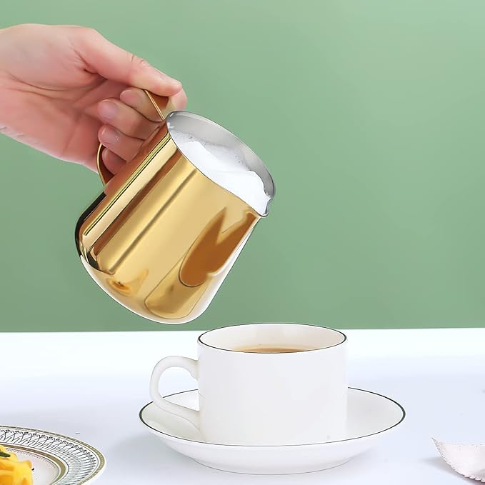 Milk Frothing Pitcher 12oz - 350ml, Kyraton Stainless Steel Espresso Steaming Pitchers with Decorating Pen,Milk Coffee Frother Cups Cappuccino Latte Art Barista Steam Pitchers Milk Jug Cup (Gold)