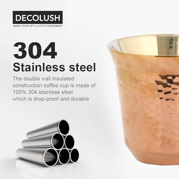 75mL (2.5 Ounce) Stainless Steel Espresso Cups - 4 Pack Double Wall Insulated Cups Demitasse Cups Coffee Cup For Drinking, Drinking Coffee, Drinking Beverages(Crimson gold Hammer texture)