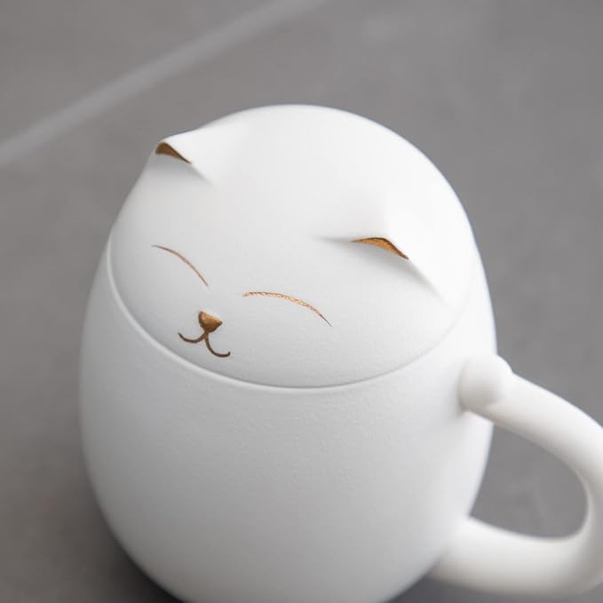 HEER Cat Tea Cup with Infuser and Lid, Cute Tea Mug with Strainer for Steeping Loose Leaf, Ceramic Teacup Birthday Christmas Cat Lover Gifts for Women, Men, Mom, Sisters, besties. (White)