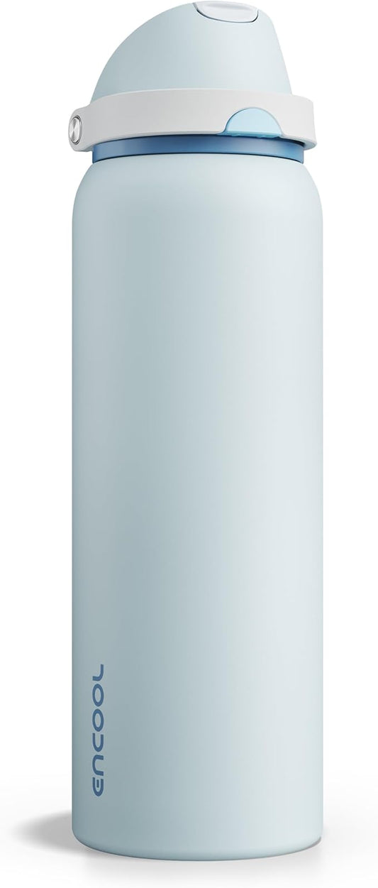 Insulated Water Bottle with Straw - Encool Stainless Steel Water Bottle with Push Button Lid, Leak-Proof & BPA-Free, Keeps Cold for 24 Hours for Sports, Travel, Gym (40 oz, Jungle Mist)