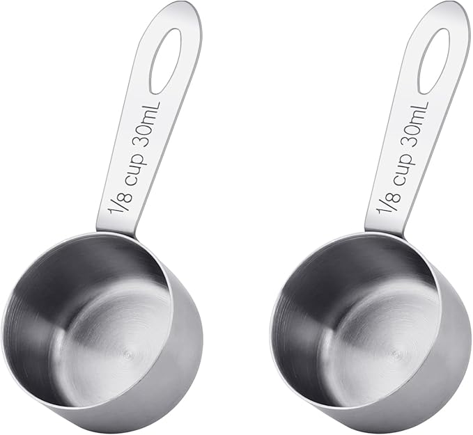 2Pcs 1/8 Cup Measuring Cup, 30ml Scoop, Stainless Steel Measuring Cups, Coffee Scoops, Measuring Scoops for Canisters Tablespoon Measure Spoon, Short Handle Cooking Measuring Scoop(30ML)