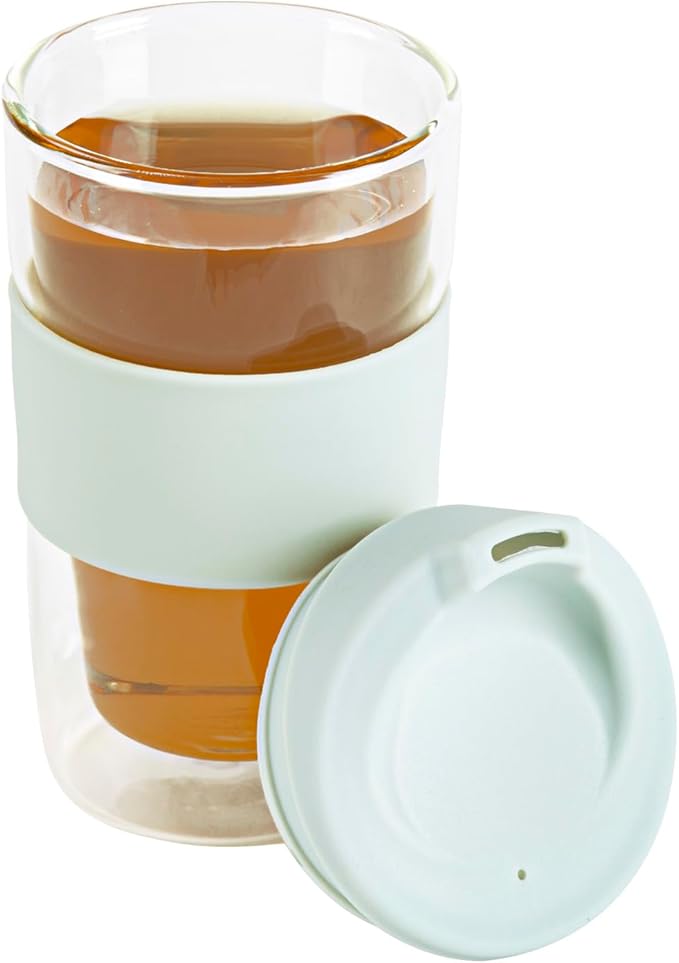 Restaurantware Glass Travel Mug 1 Count 12 Ounce Double Wall Borosilicate Reusable Coffee Cup, Spill-Resistant Mint Green Silicone Lid, Clear Drinkware Mug for Hot and Cold Beverages