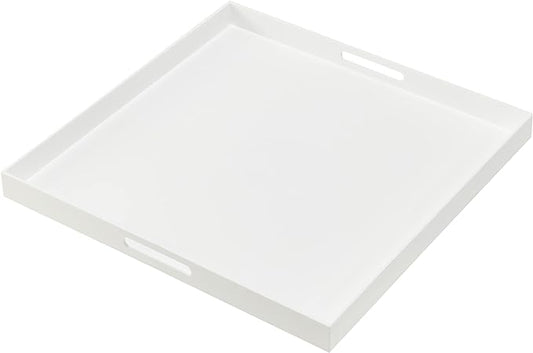 Oversize Extra Large King Size Bed Tray for eating Big Glossy White Acrylic Serving Tray with Handles 24x24 Inch -Spill Proof- Decorative Countertop Organizer for Ottoman,Bed,Party, Butler Tray