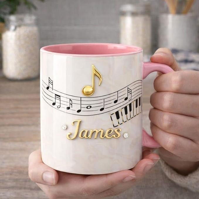 Personalized Music Coffee Mug Custom Name Ceramic Cup, Elegant Piano Note Minimalist Design Mug, Stylish Gift for Music Lover from Family, Artistic Home Decor Cup, Birthday Holiday Gift