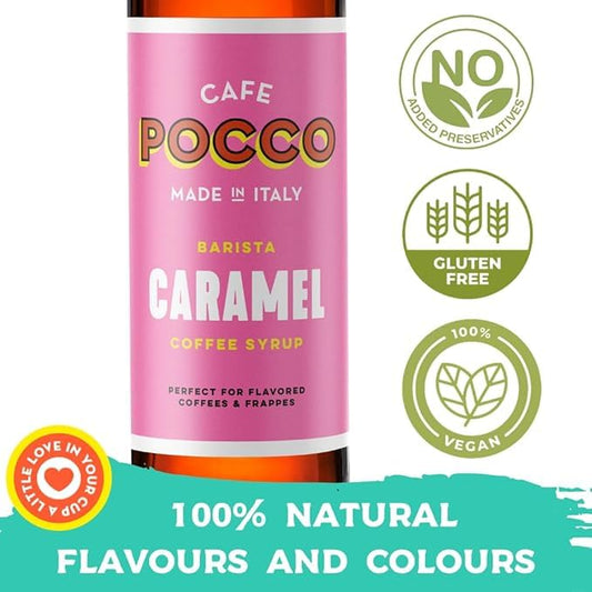 Cafe Pocco Premium Caramel Coffee Syrup with Pump - Gluten Free and Vegan Syrup, Ideal for Lattes, Cappuccinos, Espresso, Americano - Glass Bottle 750ml (Pack of 1)