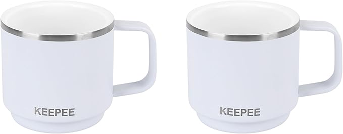 4 oz Stackable Cup with Handle, Vacuum Insulated Espresso Coffee Cup with Ceramic Coating, Stainless Steel, 2 Pack, White