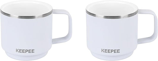 4 oz Stackable Cup with Handle, Vacuum Insulated Espresso Coffee Cup with Ceramic Coating, Stainless Steel, 2 Pack, White