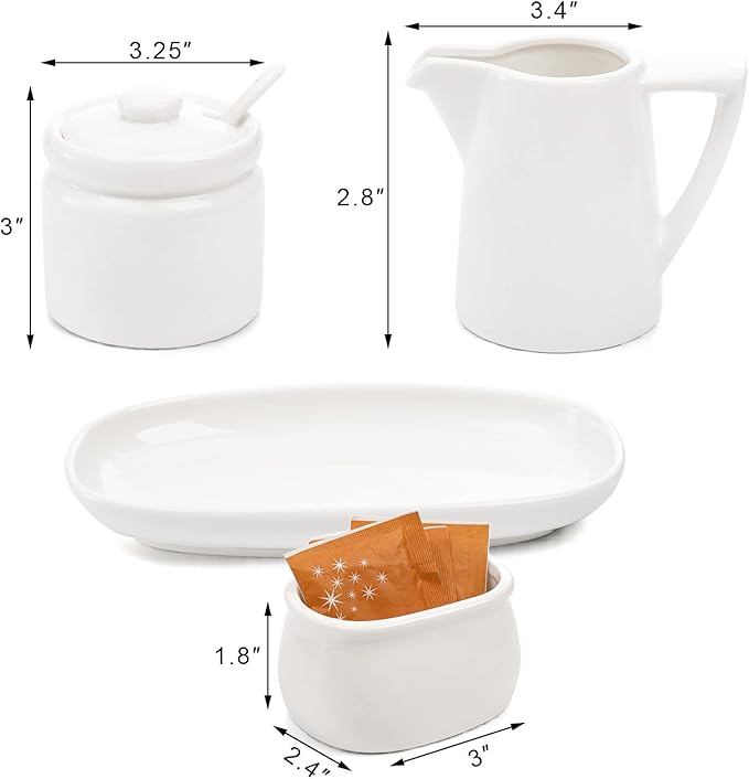 ZENFUN Set of 4 Porcelain Creamer and Sugar Set with Saucer, Sugar Bowl with Lid and Spoon, Cream Pitcher, Sweetener Holder, Coffee Serving Set for Kitchen Home Cafe Christmas Party, Restaurant