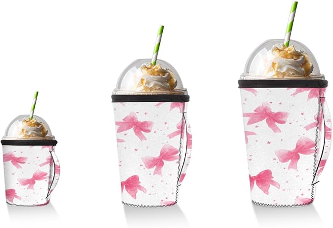 Pink Bows Reusable Coffee Sleeves Iced Coffee Cozy Insulator,Coquette Bow Neoprene Holder with Handle for Cold Coffee or Ice Drink, Medium 24-28oz