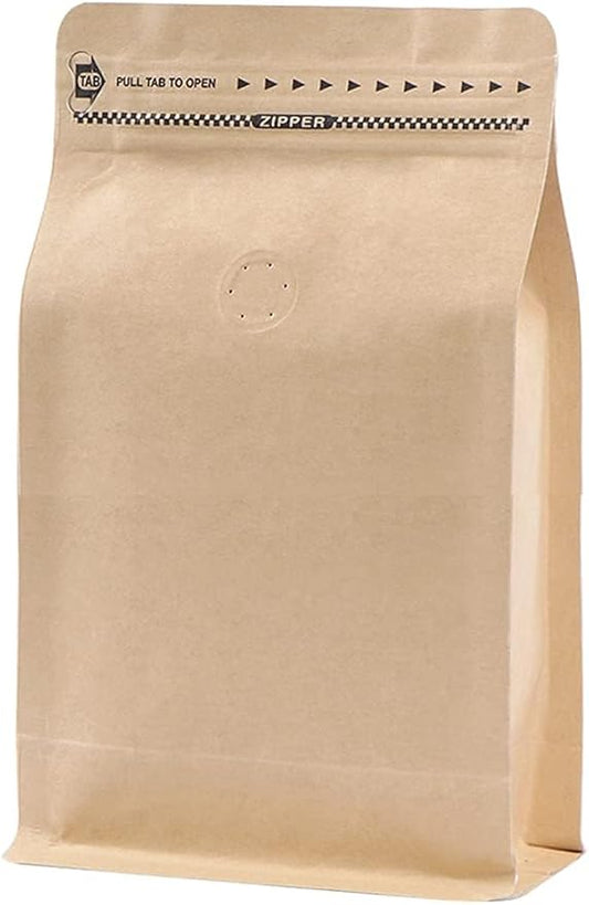 coffee bags with Valve High Barrier Aluminumed Foil Flat Bottom Standing Coffee Beans Storage Bags,Reusable Heat Sealable Side Zipper Pouches (16oz/50pcs, Kraft)