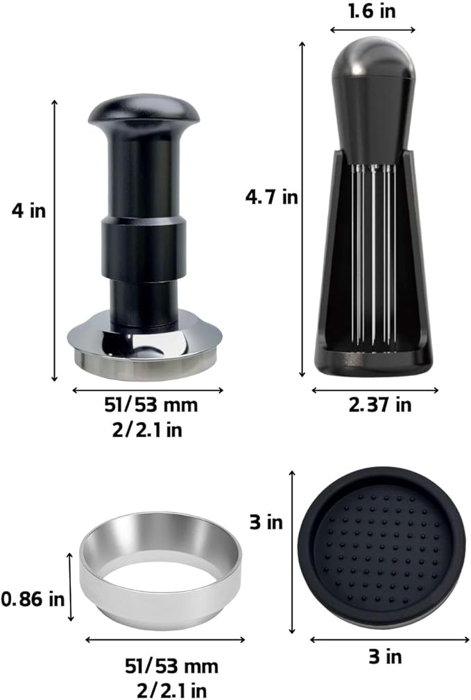 Espresso Tamper Double Spring Loaded 51/53mm with WDT Tool Espresso Accessories Kit, Stainless Steel Corrugated Base, Dosing Funnel, Tamper Mat (53mm)