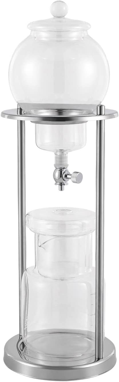 Iced Coffee Cold Brew Drip Tower Coffee Maker, Wooden Ice Coffee Machine, Stainless Steel and Borosilicate Glass, Long Neck Sharing Pot, with Measuring Spoon (Silver)