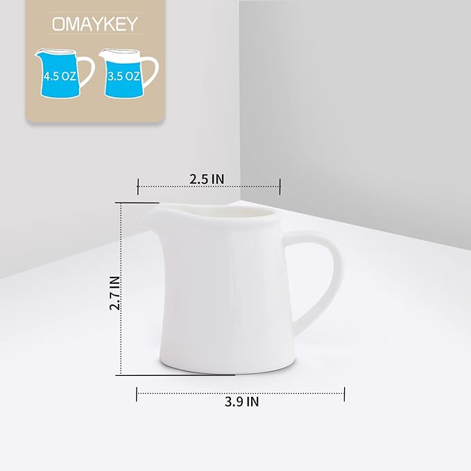 OMAYKEY 4.5 OZ 6-pcs Porcelain Creamer with Handle, Small Ceramic Cream Pitcher Sauce Pitcher Serving for Coffee Tea Milk - White
