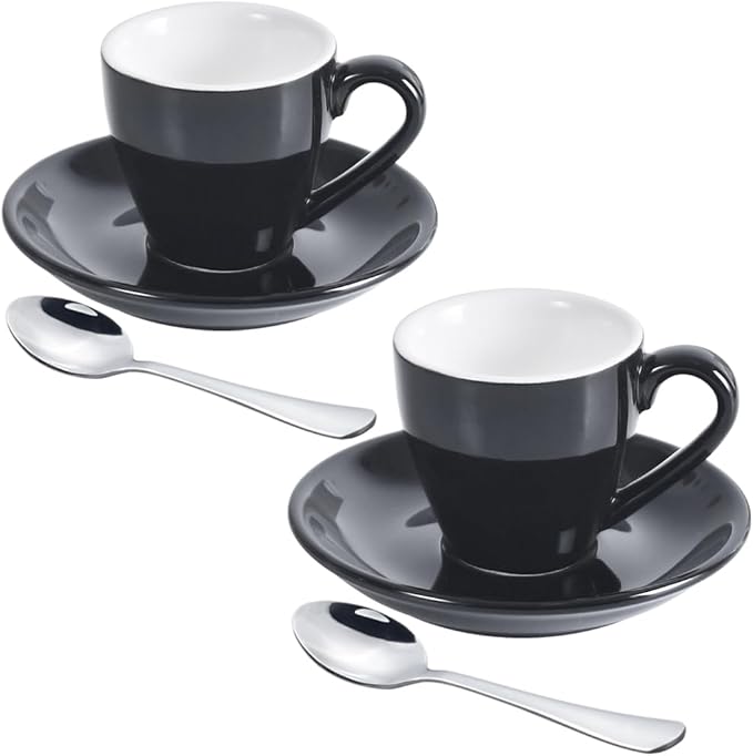 ionEgg Porcelain Espresso Cup with Saucer And Stainless Steel mini Spoons, Espresso shot Cup, 80ml/2.7Oz, Pack of 2, Black