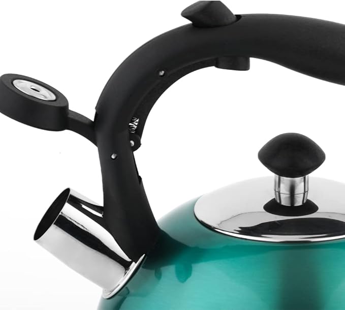 Amazon Basics Stainless Steel Tea Kettle, Hot Water Kettle with Whistle Spout, Fast Boiling, Ergonomic Handle, 2.3 Liter, Teal