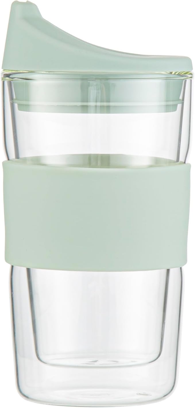 Restaurantware Glass Travel Mug 1 Count 12 Ounce Double Wall Borosilicate Reusable Coffee Cup, Spill-Resistant Mint Green Silicone Lid, Clear Drinkware Mug for Hot and Cold Beverages