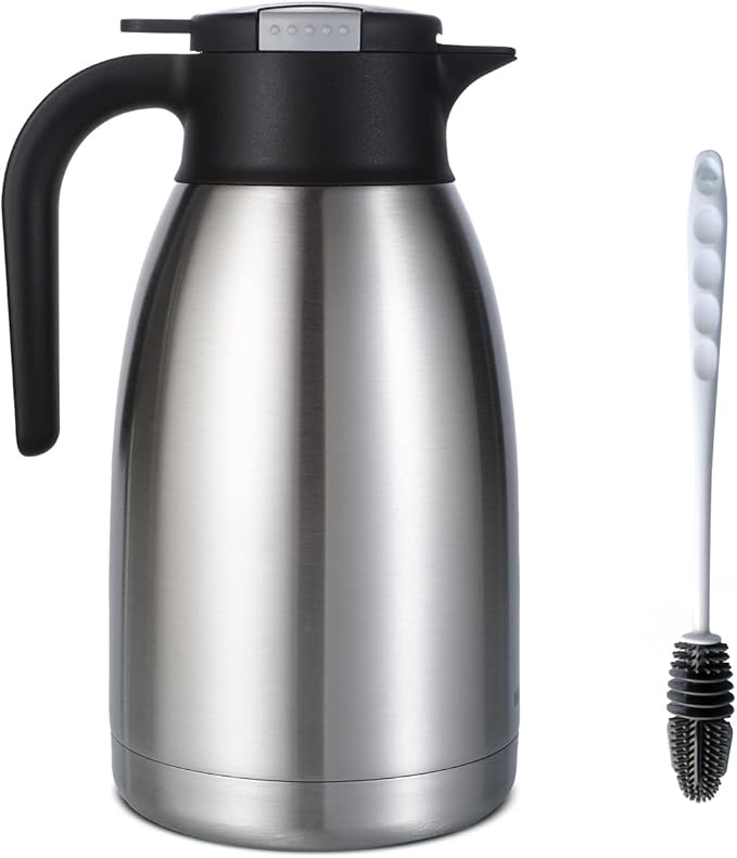 Heritage66 2L Thermal Coffee Carafe with Cleaning Brush – Triple-Wall Vacuum Insulated Stainless Steel Dispenser, 12h Hot / 24h Cold, Wide-Mouth Coffee & Tea Server