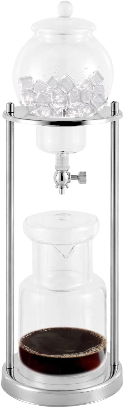 Iced Coffee Cold Brew Drip Tower Coffee Maker, Wooden Ice Coffee Machine, Stainless Steel and Borosilicate Glass, Long Neck Sharing Pot, with Measuring Spoon (Silver)