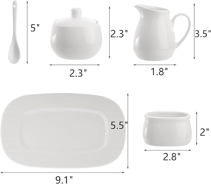 Dicunoy Set of 4 Sugar and Creamer Set, Small Creamer Pitcher with Handle for Coffee Bar, Sugar Bowl with Lid, Spoon and Tray, White Ceramic Sweetener Packet Container for Tea, Milk