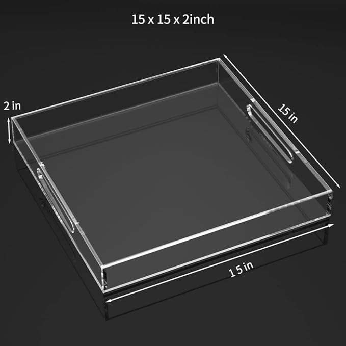 NIUBEE Clear Serving Tray 15x15 Inches - Spill-Proof Acrylic Organizer with Handles for Coffee Table, Ottoman & Countertop | Decorative Tray for Breakfast in Bed, Drink Serving & Home Organization