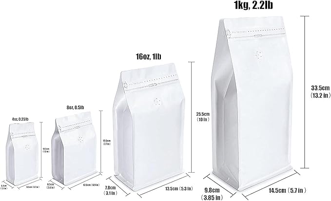 White Kraft Paper Stand Up Coffee Bag/Flat Bottom Coffee Pouch with One Way Degassing Valve and Reusable Side Zipper(Pull Tab to Open) (4oz, 0.25lb, 50 Pieces)