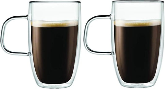 Godinger Double Wall Glass Coffee Cups Insulated Mugs for Drinking Espresso Latte Mocha Tea – 15 oz – Set of Two