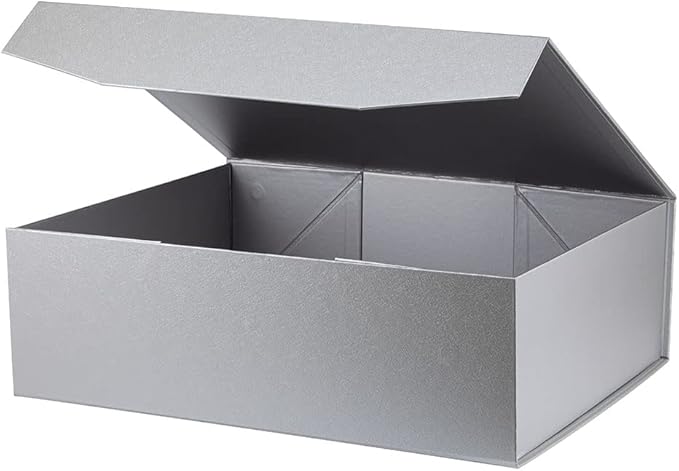Upgrade 1Pcs Silver Grey Extra Large Gift Box with Lid,16.5 x13 x5 Inches, Hard Magnetic Gift Boxes for Presents Wedding Dress Box Storage,Reusable Foldable Bridesmaid Proposal Box