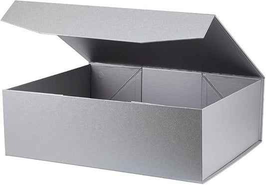 Upgrade 1Pcs Silver Grey Extra Large Gift Box with Lid,16.5 x13 x5 Inches, Hard Magnetic Gift Boxes for Presents Wedding Dress Box Storage,Reusable Foldable Bridesmaid Proposal Box