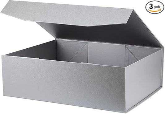 Upgrade 3Pcs Silver Grey Extra Large Gift Box with Lid for Presents,16.5 x13 x5 Inches, Hard Magnetic Wedding Dress Boxes Storage,Reusable Foldable Bridesmaid Proposal Box