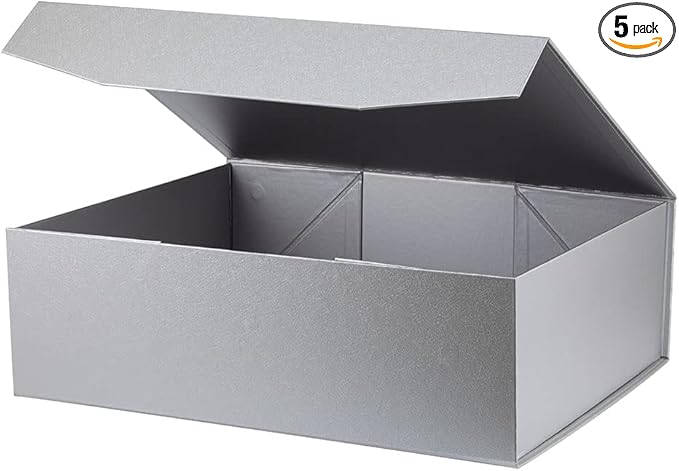 Upgrade 5Pcs Silver Grey Extra Large Gift Box with Lid,16.5 x13 x5 Inches, Hard Magnetic Gift Boxes for Presents Wedding Dress Box Storage,Reusable Foldable Bridesmaid Proposal Box