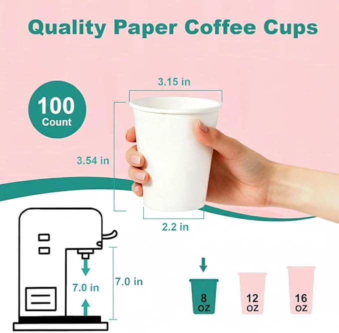 Paper Coffee Cups 12 OZ Disposable Hot and Cold Cups, Leak-Proof White Cups for Coffee, Tea, Ideal for Home, Office, and Events (100 Count)