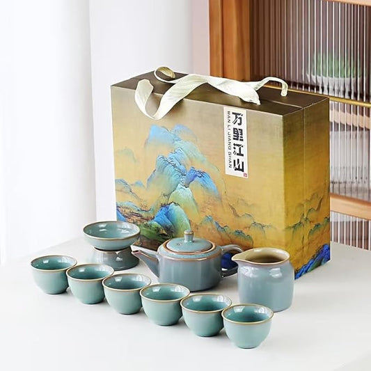 Chinese Tea Set, 10-Piece Ceramic Set with Teapot and Cups, Gongfu Tea Set,Tea Gift Sets,Outdoor and Office (purple and green)