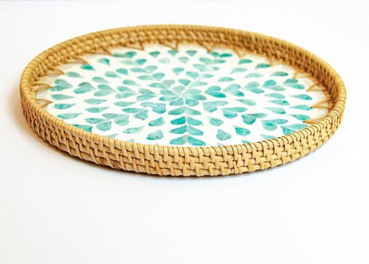 Round Rattan Serving Tray with Mother of Pearl Inlay, Wicker Coffee Table Decor, Farmhouse Style (Teal Tan Flower)