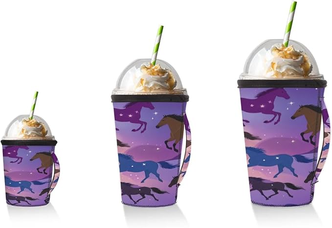 Reusable Iced Coffee Sleeve with Handle, Purple Horses Neoprene Cup Sleeve Colorful Horse Art Insulator Cup Holder for Cold Drinks Beverages 16oz - 18oz