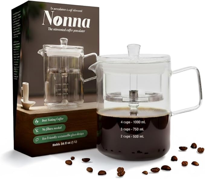 NONNA 2.0 Glass Coffee Percolator - Borosilicate Glass & Stainless Steel Retro Percolator | Eco Friendly Coffee Gift | BPA Free | Stovetop Glass Coffee Percolator (1 Unit)