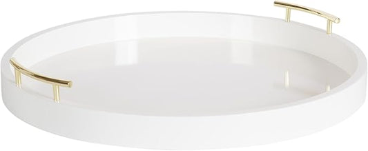 Kate And Laurel Lipton Modern Round Ottoman Tray; 22 Inch Diameter; White and Gold; Decorative Circle Coffee Table Tray for Living Room Decor or Large Serving Tray