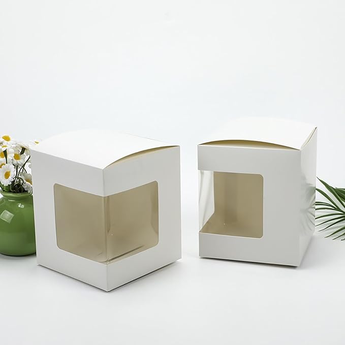 Yuixoseu 36 Pack Mug Boxes for Gifts, Small Gift Boxes with Clear Window, Transparent Cups Wrapping Box for Sublimation Mugs Coffee Cups DIY Crafts Candle 11oz, 12oz, 15oz Gift Wrapping (White)