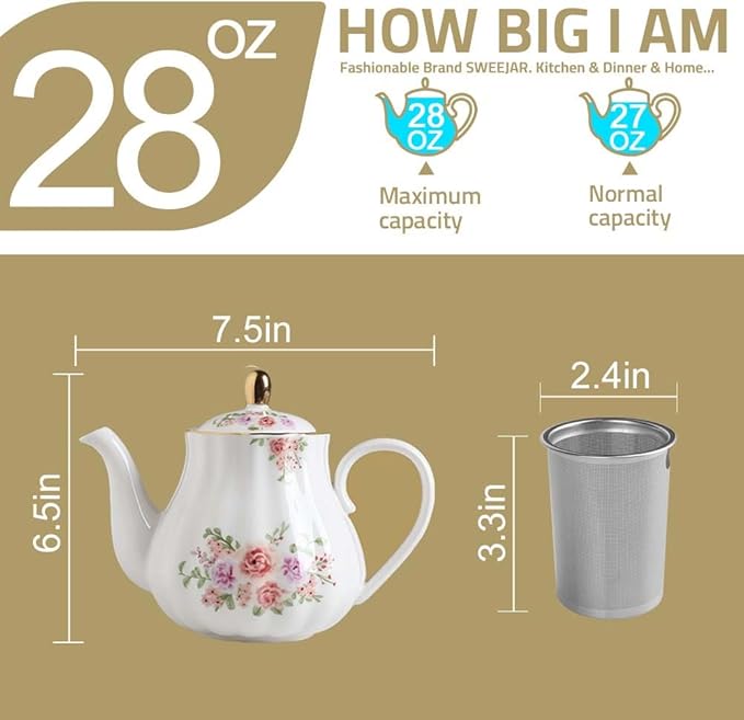 Sweejar Royal Teapot, Ceramic Tea Pot with Removable Stainless Steel Infuser, Blooming & Loose Leaf Teapot (Rose Flower, 28 Ounce)