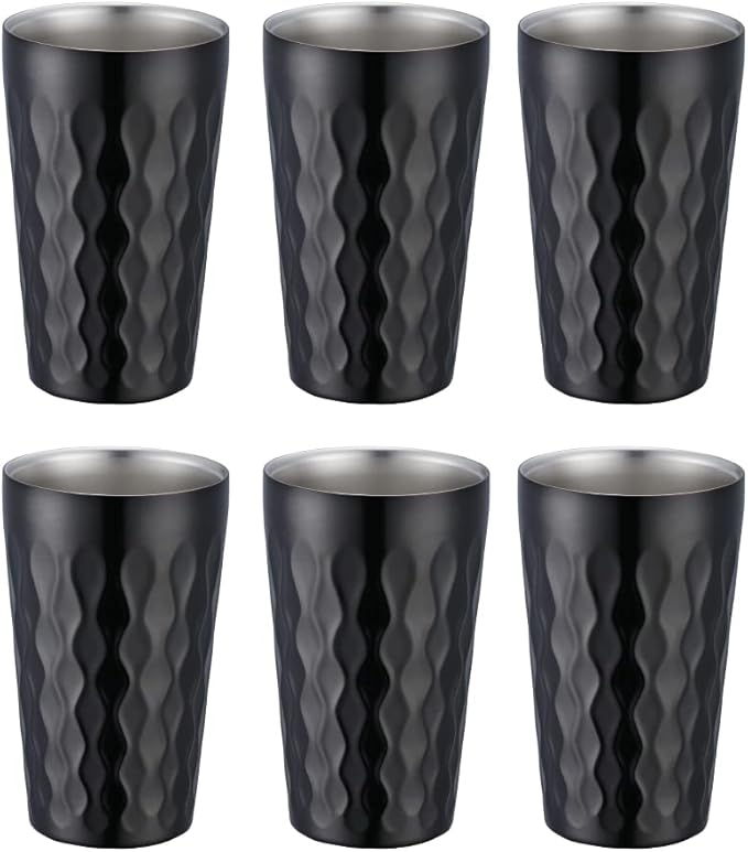 10oz Stainless Steel Cup Set, 6Pcs Double Wall Metal Cup,Vacuum Stackable Insulated Portable Drinking Tumblers Unbreakable Glasses，for Home Outdoor Restaurant (Black)